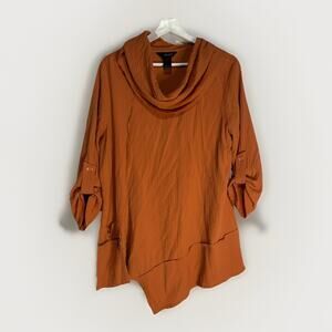 Ali Miles Tunic Blouse Womens Burnt Orange Cowl Neck Asym Hem 3/4 Sleeve Large
